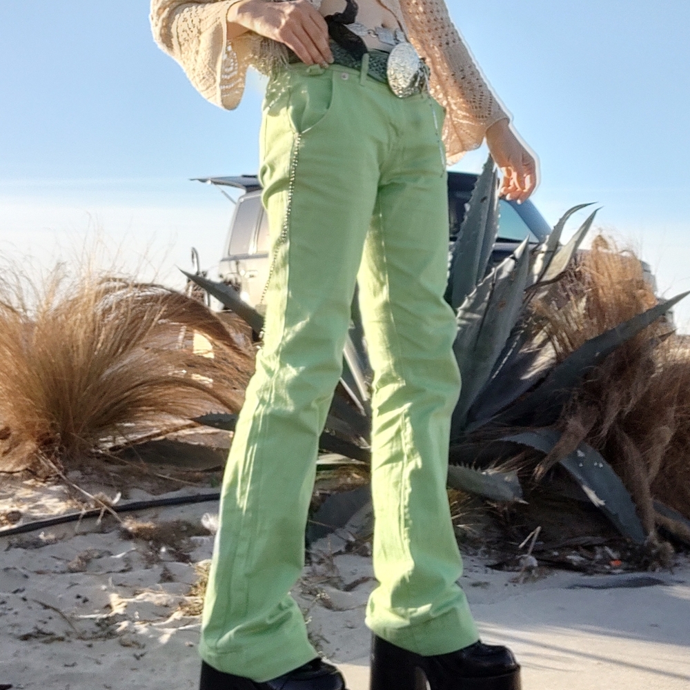 2000 Y2K Fairy Fairycore Whimsygoth Low Rise Lime Green Clarks Flare Jeans Pants